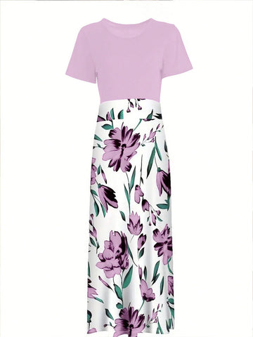 Women's Floral Print Round Neck Short Sleeve Dress, Summer