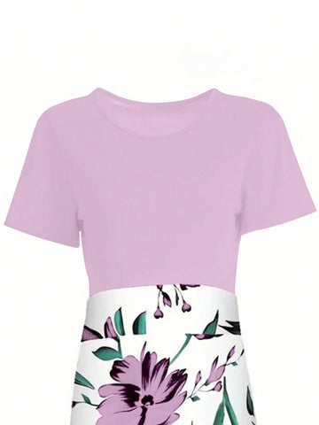 Women's Floral Print Round Neck Short Sleeve Dress, Summer