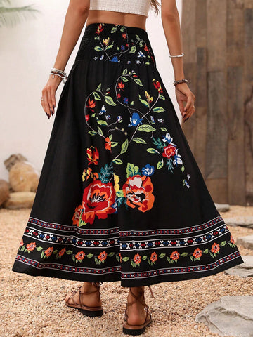 LUNE Women's Floral Print Shirred Waist Skirt Maxi Women Outfit