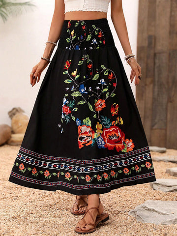 LUNE Women's Floral Print Shirred Waist Skirt Maxi Women Outfit