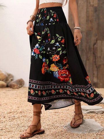 LUNE Women's Floral Print Shirred Waist Skirt Maxi Women Outfit