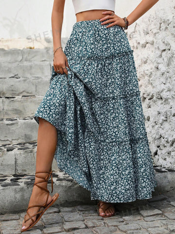 LUNE Women's Floral Print Skirt With Shirred Hem