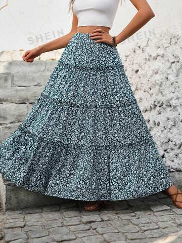 LUNE Women's Floral Print Skirt With Shirred Hem