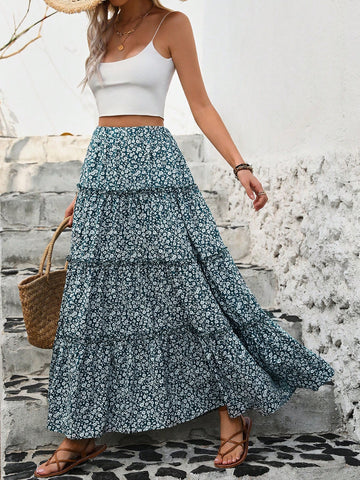 LUNE Women's Floral Print Skirt With Shirred Hem