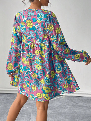 Women's Floral Print Tie Neck Lantern Sleeve Elegant Dress, Suitable For Autumn Vacation