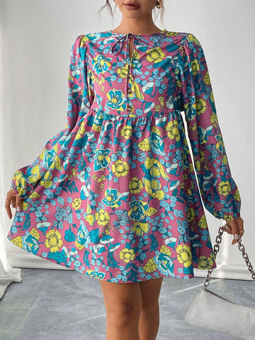 Women's Floral Print Tie Neck Lantern Sleeve Elegant Dress, Suitable For Autumn Vacation