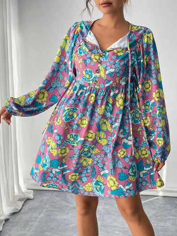 Women's Floral Print Tie Neck Lantern Sleeve Elegant Dress, Suitable For Autumn Vacation