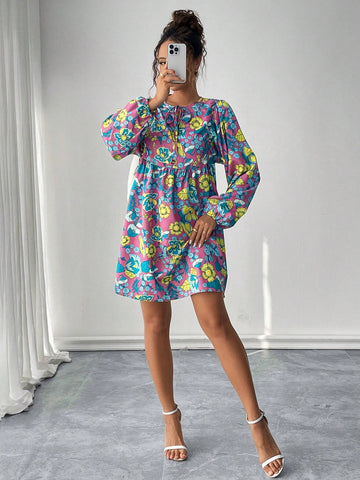 Women's Floral Print Tie Neck Lantern Sleeve Elegant Dress, Suitable For Autumn Vacation