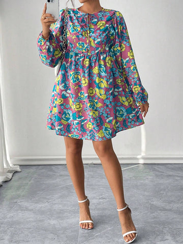Women's Floral Print Tie Neck Lantern Sleeve Elegant Dress, Suitable For Autumn Vacation