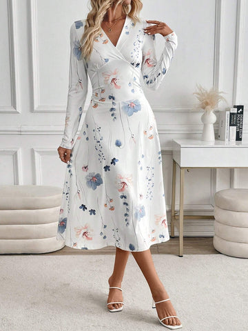 Women's Floral Print V-Neck Long Sleeve Spring & Fall Dress