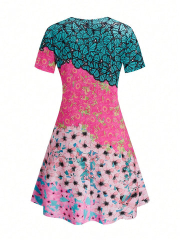 Women's Floral Print V-Neck Short Sleeve Casual Loose Mini Dress For Vacation