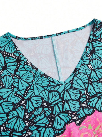 Women's Floral Print V-Neck Short Sleeve Casual Loose Mini Dress For Vacation