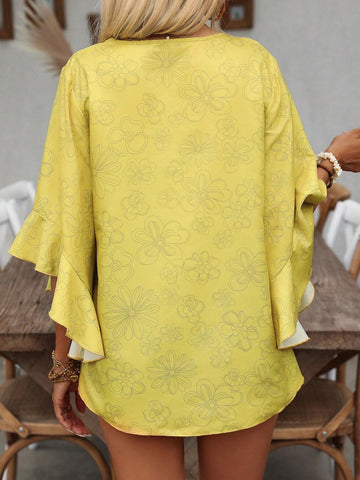 LUNE Women's Floral Print Vacation Leisure Bell Sleeve Shirt