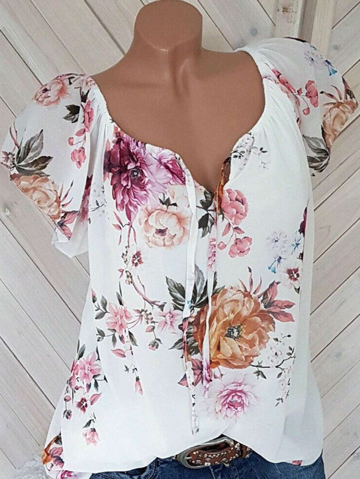 LUNE Women's Floral Print Vacation Sweetheart Neckline Off-Shoulder Blouse