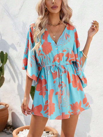 Women's Floral Printed Batwing Sleeve Dress