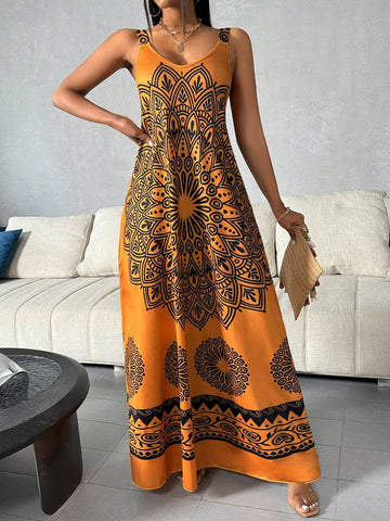 Women's Floral Printed Maxi Strappy Dress