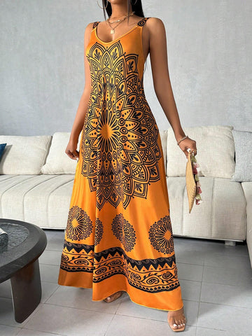 Women's Floral Printed Maxi Strappy Dress