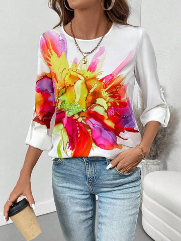 LUNE Women's Floral Printed Round Neck Short Sleeve Casual Blouse