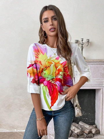 LUNE Women's Floral Printed Round Neck Short Sleeve Casual Blouse