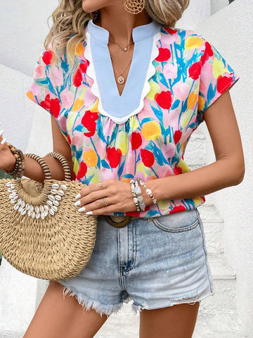 LUNE Women's Floral Printed Short Sleeve Simple Everyday Shirt