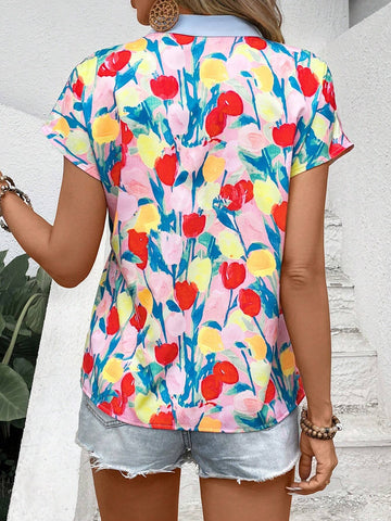 LUNE Women's Floral Printed Short Sleeve Simple Everyday Shirt