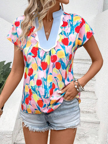 LUNE Women's Floral Printed Short Sleeve Simple Everyday Shirt