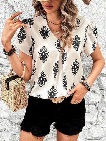 LUNE Women's Floral Printed V-Neck Blouse With Petal Sleeves