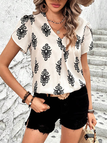 LUNE Women's Floral Printed V-Neck Blouse With Petal Sleeves