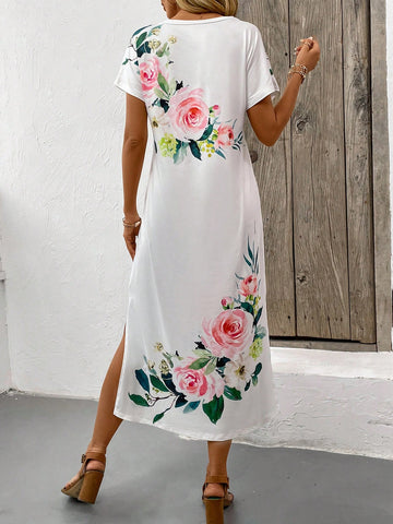 Women's Floral Printed V-Neck Side Slit Maxi Dress