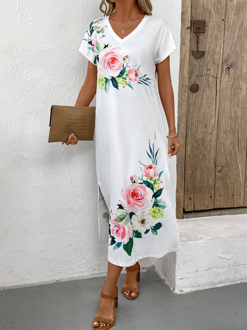Women's Floral Printed V-Neck Side Slit Maxi Dress