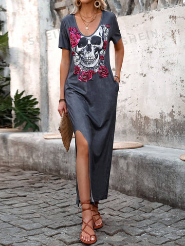 Floral Skull Print Short Sleeve Dress