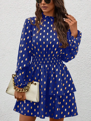 Women's Foil Dot Print Ruffle Edge Stand Collar Long Sleeve Gathered Waist Short Dress