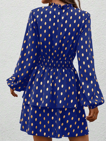 Women's Foil Dot Print Ruffle Edge Stand Collar Long Sleeve Gathered Waist Short Dress