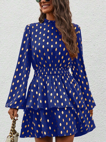 Women's Foil Dot Print Ruffle Edge Stand Collar Long Sleeve Gathered Waist Short Dress