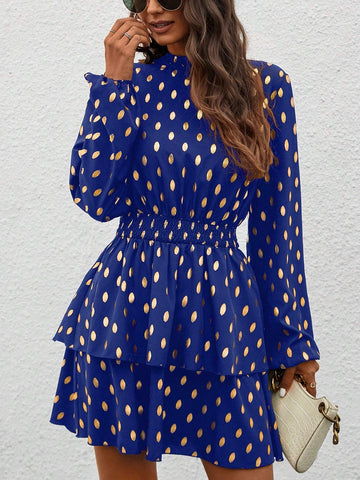 Women's Foil Dot Print Ruffle Edge Stand Collar Long Sleeve Gathered Waist Short Dress