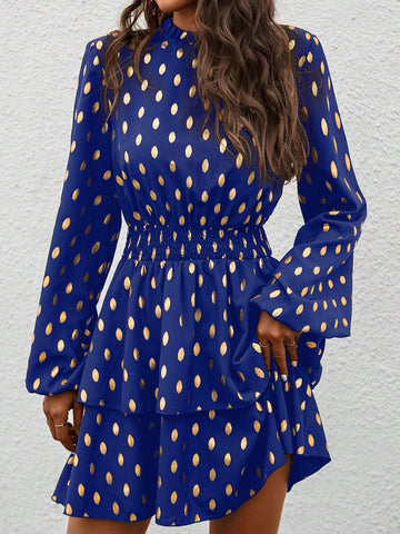 Women's Foil Dot Print Ruffle Edge Stand Collar Long Sleeve Gathered Waist Short Dress