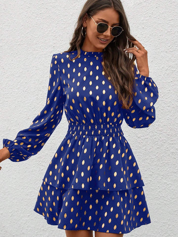 Women's Foil Dot Print Ruffle Edge Stand Collar Long Sleeve Gathered Waist Short Dress