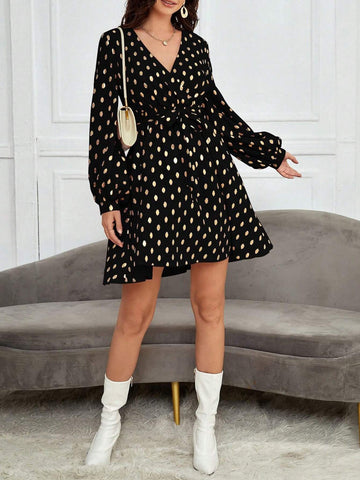 Women's Foil Print Deep V-Neck Long Sleeve Mini Dress