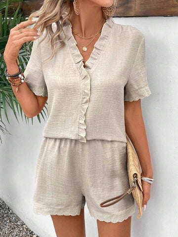 Women's Frill Hem Detail Short Sleeve Shirt And Shorts Set