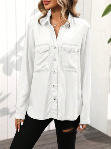 LUNE Women's Front Button Collar Long Sleeve Pocket Casual Blouse