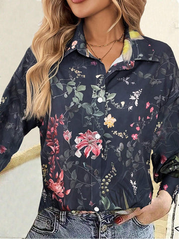 LUNE Women's Front Button Long Sleeve Casual Elegant Printed Shirt