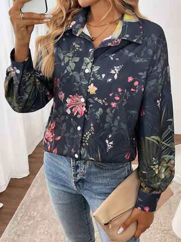 LUNE Women's Front Button Long Sleeve Casual Elegant Printed Shirt