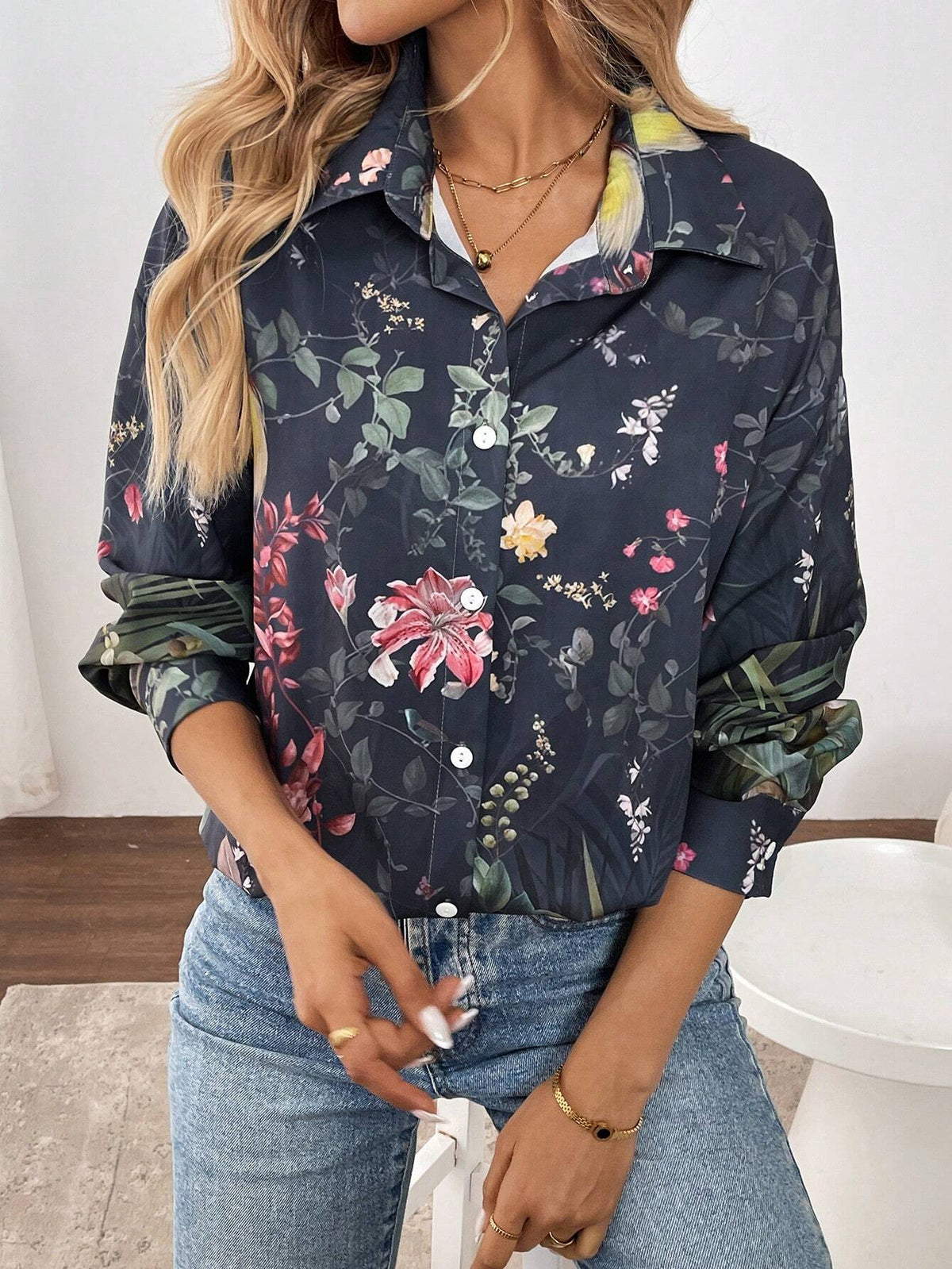 LUNE Women's Front Button Long Sleeve Casual Elegant Printed Shirt