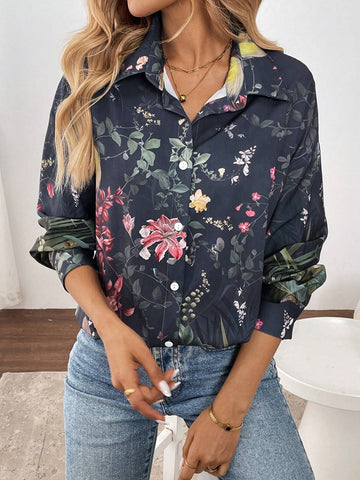 LUNE Women's Front Button Long Sleeve Casual Elegant Printed Shirt