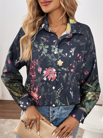 LUNE Women's Front Button Long Sleeve Casual Elegant Printed Shirt