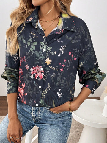 LUNE Women's Front Button Long Sleeve Casual Elegant Printed Shirt