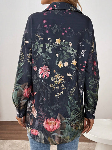 LUNE Women's Front Button Long Sleeve Casual Elegant Printed Shirt