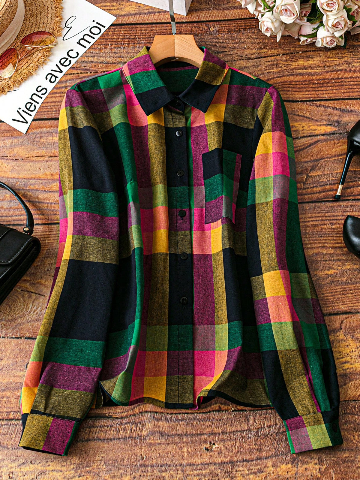 LUNE Women's Front Button Long Sleeve Plaid Casual Blouse