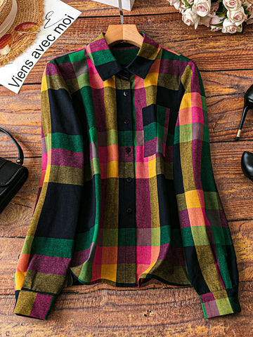 LUNE Women's Front Button Long Sleeve Plaid Casual Blouse