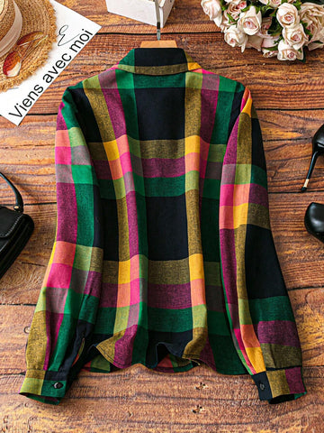 LUNE Women's Front Button Long Sleeve Plaid Casual Blouse